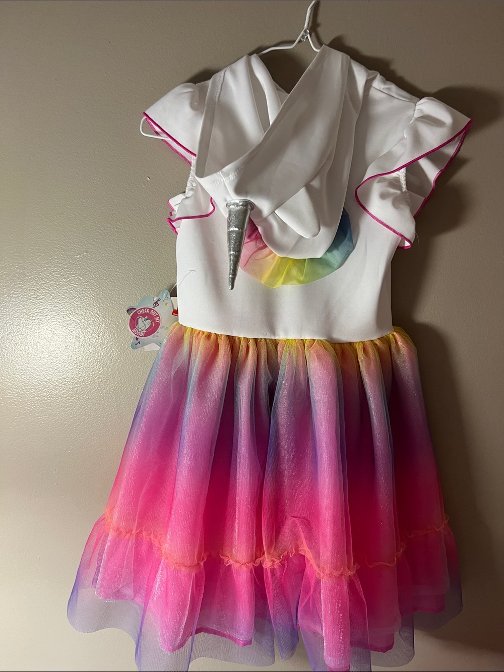Nickelodeon White Hooded Unicorn Dress with Pink, Purple and Yellow Tulle Skirt - Picture 6 of 8